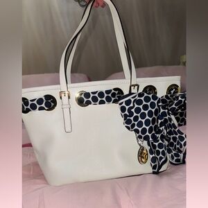 Michael Kors White Tote with Navy Polka-Dot Scarf Accent